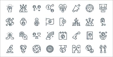 Dünya aşk çizgisi simgeleri. Doğrusal küme. Yeniden ağaçlandırma, aşk, çiçek, bağış, kitap, denge, dünya, aşk mesajı, koruma gibi kalite vektör çizgisi