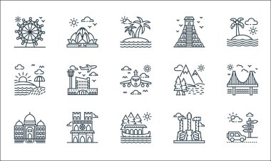 Turizm çizgisi simgeleri. Doğrusal küme. Kılavuz direği, tekne, tac mahal, Kuzey Kore, notre dame, gün doğumu, göl, aztek piramit, lotus tapınağı gibi kalite vektör dizileri