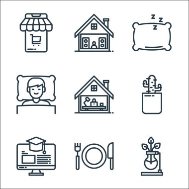 Ev çizgisi simgelerinde kalın. Doğrusal küme. Bitki, yemek, e öğrenme, kaktüs, evde çalışma, uyku, yastık, müzik gibi kalite vektör dizileri