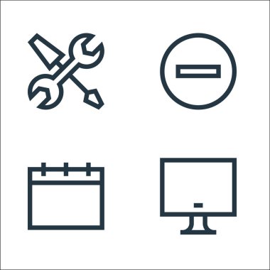 Web esasları çizgi simgeleri. Doğrusal küme. Bilgisayar ekranı, takvim, eksi gibi kalite vektör çizgisi