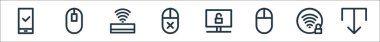 Bilgisayar donanım hattı simgeleri. Doğrusal küme. İndirme, kilitleme, fare, kilidi açma, fare, kablosuz ağ, fare gibi kalite vektör dizileri