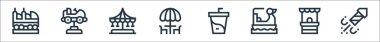 Lunapark çizgisi simgeleri. Doğrusal küme. Havai fişek, bilet ofisi, pedal botu, soda, yemek masası, atlıkarınca gibi kalite vektör dizileri,