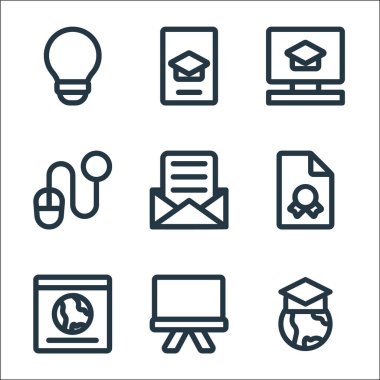 çevrimiçi öğrenme satırı simgeleri. Doğrusal küme. Çevrimiçi öğrenme, karatahta, web sitesi, rapor, e-posta, fare, bilgisayar, akıllı telefon gibi kalite vektör dizileri