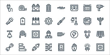 Elektrikçi aletleri ve çizgi simgeleri. Doğrusal küme. Işık anahtarı, eldiven, elektrik devresi, anahtar, kablolar, güç soketi, elektrik direği, tüp, boş pil gibi kalite vektör dizisi