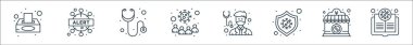 Koronavirüs çizgisi simgeleri. Doğrusal küme. Tıp kitabı, kapalı, virüs, doktor, koronavirüs, stetoskop, uyarı gibi kalite vektör dizileri