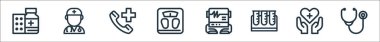 Tıbbi araçlar çizgisi simgeleri. Doğrusal küme. phonendoscope, sağlık sigortası, test tüpü, elektrokardiyogram, ağırlık ölçeği, acil durum çağrısı, doktor gibi kalite vektör dizileri