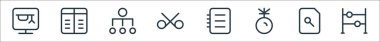 Okul eğitim çizgisi simgeleri. Doğrusal küme. Abaküs, arama dosyası, madalya, defter, makas, hiyerarşi, tablo gibi kalite vektör çizgisi
