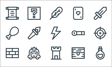 Video oyunu ögeleri çizgi simgeleri. Doğrusal küme. Aşk iksiri, kule, tuğla, göğüs, prenses, hindi bacağı, para çubuğu, poker, gizem gibi kalite vektör dizileri