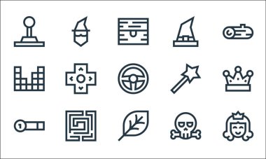 Video oyunu ögeleri çizgi simgeleri. Doğrusal küme. Prenses, yaprak, para çubuğu, ölüm, labirent, video oyunu, sihirli değnek, cadı şapkası, sihirbaz gibi kalite vektör dizileri
