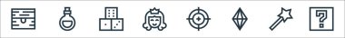 Video oyunu ögeleri çizgi simgeleri. Doğrusal küme. Gizem, sihirli değnek, mücevher, hedef, prenses, zar, aşk iksiri gibi kalite vektör çizgisi kümesi