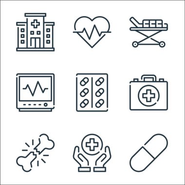 Tıbbi hat simgeleri. Doğrusal küme. Hap, sağlık hizmeti, kırık kemik, ilk yardım kiti, hap, kardiyogram, sedye, kalp atışı gibi kalite vektör çizgisi