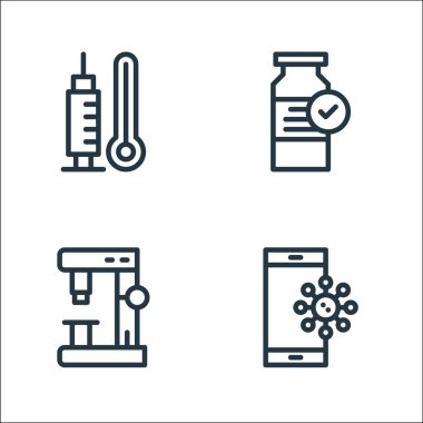 Virüs enfeksiyonu ve çizgi simgeleri. Doğrusal küme. akıllı telefon, mikroskop, tıp gibi kalite vektör çizgisi