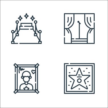 Şöhret çizgisi simgeleri. Doğrusal küme. Kaliteli vektör çizgisi: Şöhret yürüyüşü, poster, sahne