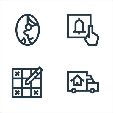 emeklilik ev çizgisi simgeleri. Doğrusal küme. Hareket eden kamyon, sudoku, alarm gibi kalite vektör çizgisi