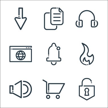 Ricon hattı simgeleri. Doğrusal küme. Kilitsiz, alışveriş arabası, hoparlör, yangın, uyarı zili, web sitesi, kulaklık, kopyalama seçeneği gibi kalite vektör dizileri