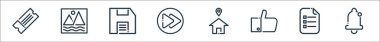 Ricon hattı simgeleri. Doğrusal küme. Uyarı çanı gibi kalite vektör satırı seti, yapılacaklar listesi, adres, sonraki düğme, kaydetme seçeneği, resim