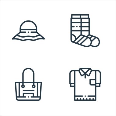 Moda çizgisi simgeleri. Doğrusal küme. T-shirt, çanta, çorap gibi kalite vektör çizgisi