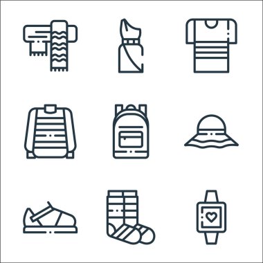 Moda çizgisi simgeleri. Doğrusal küme. Kol saati, çorap, sandalet, şapka, sırt çantası, kazak, elbise gibi kalite vektör çizgisi