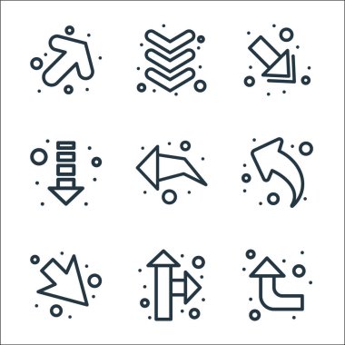 Ok çizgisi simgeleri. Doğrusal küme. Yukarı doğru ok, yukarı doğru ok, yukarı doğru ok, sola doğru ok, indirme gibi kalite vektör çizgisi,