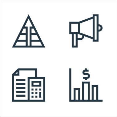 Pazarlama ve büyüme çizgisi simgeleri. Doğrusal küme. çubuk grafik, bütçe, reklam gibi kalite vektör çizgisi