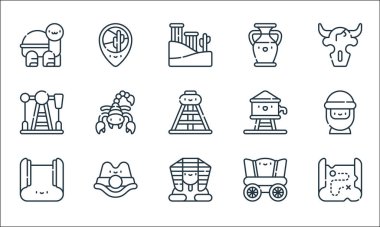 Çöl çizgisi ikonları. Doğrusal küme. Harita, sfenks, halı, vagon, şapka, petrol, su tankı, amforo, konum gibi kalite vektör çizgisi