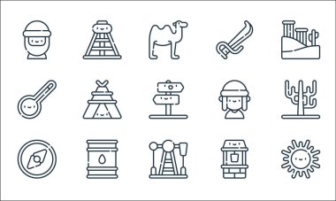 Çöl çizgisi ikonları. Doğrusal küme. Sıcak, petrol, pusula, yağ varili, termometre, bedevi, kılıç, petrol kuyusu gibi kalite vektör dizileri