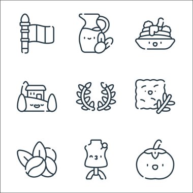 İtalya çizgi simgeleri. Doğrusal küme. Domates, manken, kahve çekirdekleri, ekmek, defne, Toskana, spagetti, zeytinyağı gibi kalite vektör dizileri