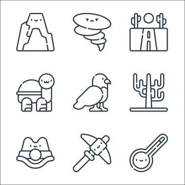 Çöl çizgisi ikonları. Doğrusal küme. Kaliteli vektör çizgisi: Termometre, pick, hat, ölü ağaç, kartal, kaplumbağa, yol, kasırga