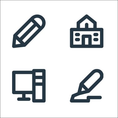 Eğitim materyali çizgisi simgeleri. Doğrusal küme. Kalem, okul gibi kalite vektör satırı