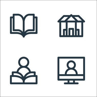 düz eğitim ve bilgi çizgisi simgeleri. Doğrusal küme. Çevrimiçi kurs, öğrenim, üniversite gibi kalite vektör çizgisi