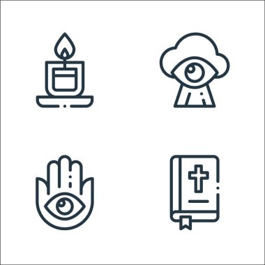 ruhani çizgi simgeleri. Doğrusal küme. İncil, hamsa, tanrı gibi kalite vektör çizgisi