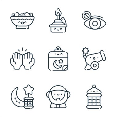 Ramazan çizgi simgeleri. Doğrusal küme. Fener, Müslüman, ramazan, top, takvim, dua, kapalı gözler, yağ lambası gibi kalite vektör çizgisi kümesi