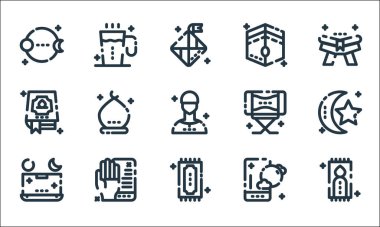 Ramazan Kareem çizgi simgeleri. Doğrusal küme. Dua, dua, zaman çizelgesi, akıllı telefon, dua, Kur 'an, davul, kaaba, içecek gibi kalite vektör çizgisi