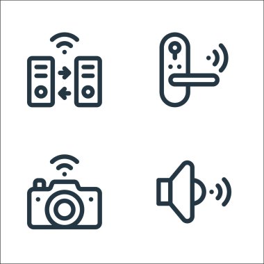 Nesnelerin internet bağlantısı simgeleri. Doğrusal küme. Hoparlör, kamera, akıllı kapı gibi kalite vektör çizgisi