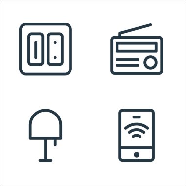 Elektronik hat simgeleri. Doğrusal küme. akıllı telefon, masa lambası, radyo gibi kalite vektör çizgisi