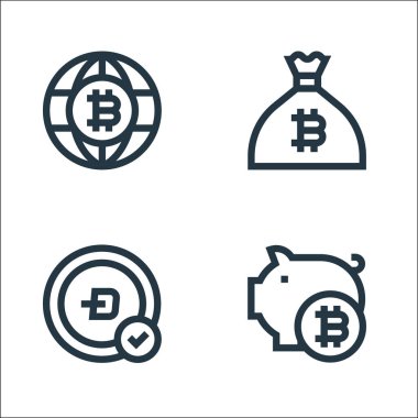 Kripto para birimi çizgisi simgeleri. Doğrusal küme. Tasarruf, bitcoin, para çantası gibi kalite vektör çizgisi
