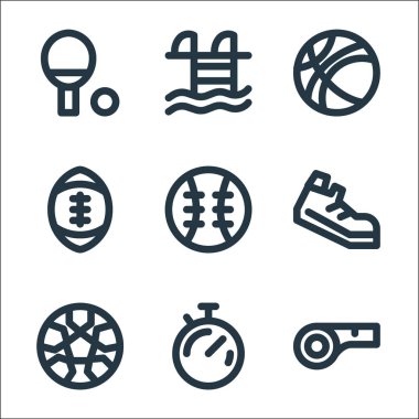 Spor çizgisi simgeleri. Doğrusal küme. Islık, kronometre, futbol, koşu, beyzbol, Amerikan futbolu, basketbol, yüzme havuzu gibi kalite vektör dizileri
