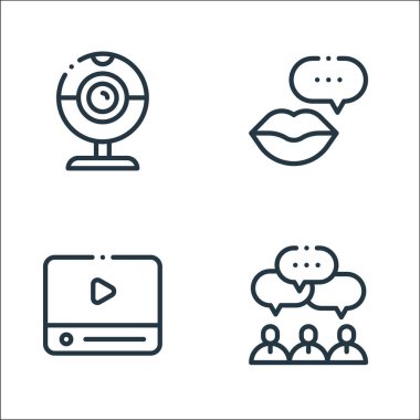 iletişim hattı simgeleri. Doğrusal küme. Takım, video, konuşma gibi kalite vektör çizgisi kümesi