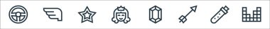 Video oyunu ögeleri çizgi simgeleri. Doğrusal küme. Video oyunu, sihirli iksir, ok, mücevher, prenses, yıldız, kanatlar gibi kalite vektör çizgisi kümesi