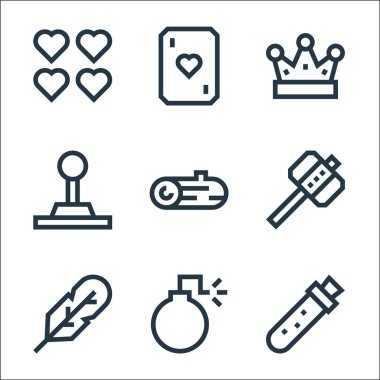 Video oyunu ögeleri çizgi simgeleri. Doğrusal küme. Sihirli iksir, bomba, tüy, çekiç, tahta, joystick, taç, poker gibi kalite vektör çizgisi