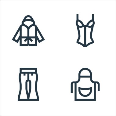 Çamaşır çizgisi simgeleri. Doğrusal küme. Önlük, pantolon, korse gibi kalite vektör çizgisi