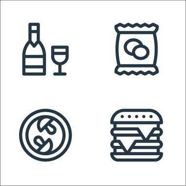 Gastronomi çizgisi simgeleri. Doğrusal küme. Hamburger, mantar, patates cipsi gibi kalite vektör çizgisi
