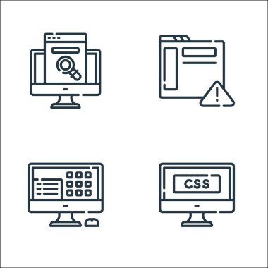 Web geliştirme çizgisi simgeleri. Doğrusal küme. css, bilgisayar, uyarı gibi kalite vektör çizgisi kümesi