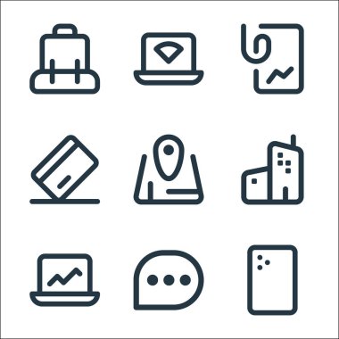 Myicon tek çizgi simgeleri. Doğrusal küme. Telefon, sohbet, istatistik, bina, harita, cit kartı, istatistik, bağlantı gibi kalite vektör satırı kümesi