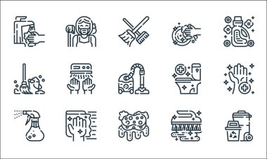 Temizlik çizgisi simgeleri. Doğrusal küme. Çöp, sünger, sprey, fırça, silme, paspas, tuvalet, çamaşır, hizmetçi gibi kalite vektör dizileri