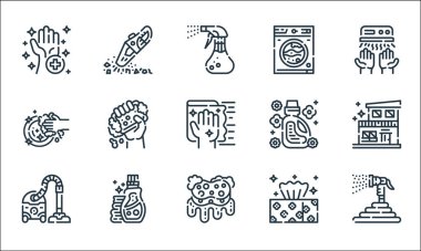 Temizlik çizgisi simgeleri. Doğrusal küme. Hortum, sünger, elektrik süpürgesi, doku, deterjan, çamaşır, yumuşatıcı, çamaşır makinesi, vakum gibi kalite vektör çizgisi