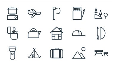 Kamp çizgisi simgeleri. Doğrusal küme. Masa, bavul, meşale, dağlar, çadır, çakmak, şapka, kibrit, uçak gibi kalite vektör dizileri