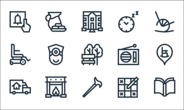 emeklilik ev çizgisi simgeleri. Doğrusal küme. Açık kitap, baston, hareket eden kamyon, sudoku, şömine, tekerlekli sandalye, radyo, saat, yiyecek ve içecek gibi kalite vektör dizileri