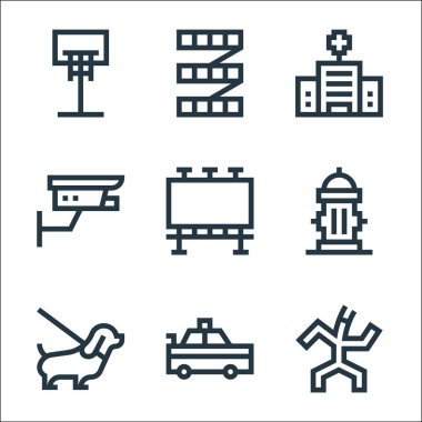 Şehir yaşam çizgisi simgeleri. Doğrusal küme. Kukla, polis arabası, evcil hayvan, itfaiye vanası, ilan panosu, CCTV, hastane, merdivenler gibi kalite vektör çizgisi