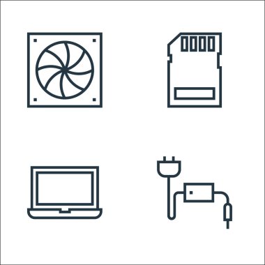 Donanım hattı simgeleri. Doğrusal küme. Güç kablosu, dizüstü bilgisayar gibi kalite vektör çizgisi,